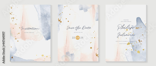 Abstract art background vector. Luxury invitation card background with golden line art flower and botanical leaves, Organic shapes, Watercolor. Vector invite design for wedding and vip cover template.