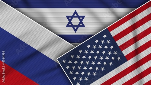 Israel United States of America Russia Flags Together Fabric Texture Effect Illustration
