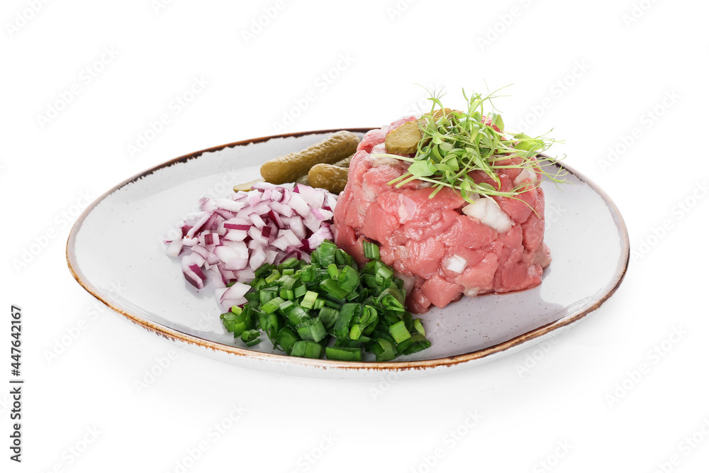 Plate with tasty beef tartare on white background Plate with tasty beef tartare on white background