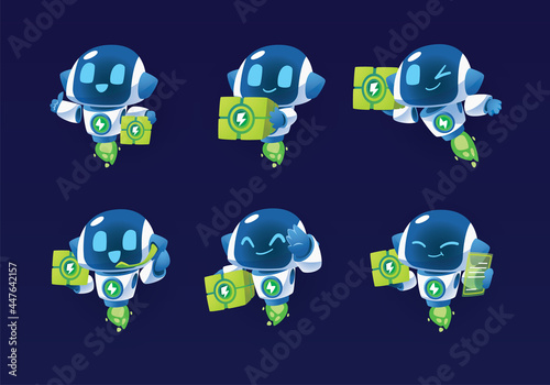 little flying white modern robot mascot character dilivery object