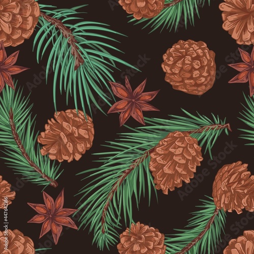 Seamless winter pattern with fir and spruce tree branches, cones and anises on black background. Repeatable coniferous texture in vintage style. Colored hand-drawn vector illustration for printing