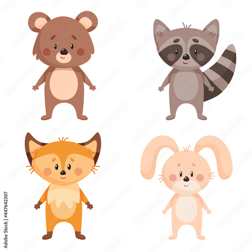 Set of forest animal: raccoon, fox, rabbit, bear. Isolated cute animals on white background. Cartoon vector illustration. Set of forest animal: raccoon, fox, rabbit, bear. Isolated cute animals on white background. Cartoon vector illustration.