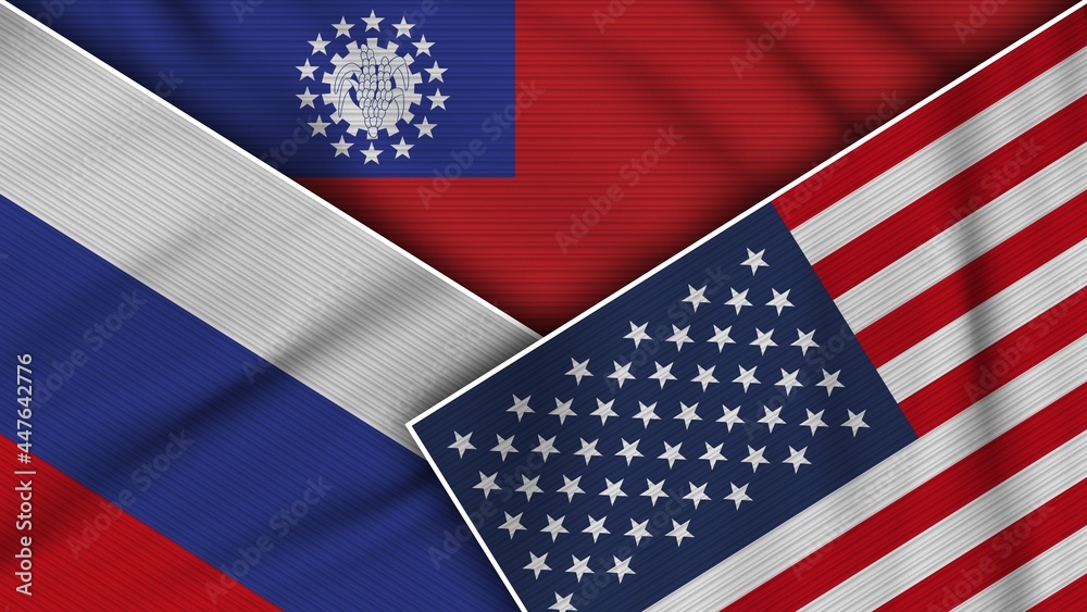 Fototapeta premium Myanmar Burma United States of America Russia Flags Together Fabric Texture Effect Illustration