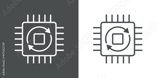 Tecnología electrónica. Logotipo con procesador con circuito digital con flechas girando con lineas en fondo gris y fondo blanco