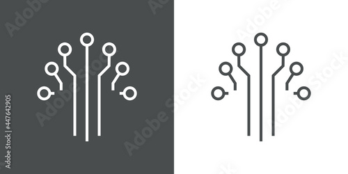 Tecnología electrónica. Icono plano circuito digital con forma de árbol con lineas en fondo gris y fondo blanco