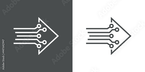 Tecnología electrónica. Logotipo con circuito digital con forma de flecha con lineas en fondo gris y fondo blanco