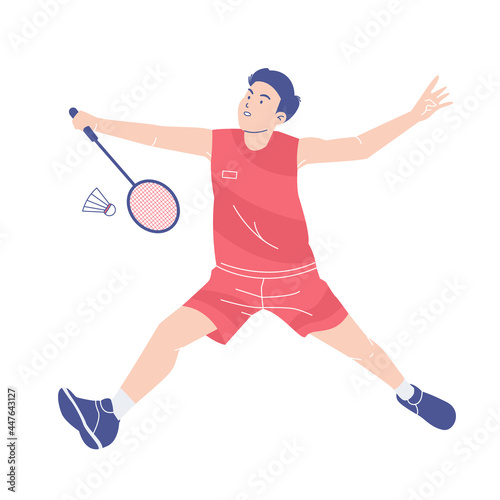 The badminton player returns the shuttlecock with a dropshot technique. Athletes in uniform playing badminton. Professional badminton player during sports match.