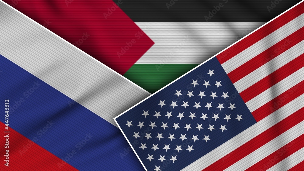 Palestine United States of America Russia Flags Together Fabric Texture Effect Illustration Palestine United States of America Russia Flags Together Fabric Texture Effect Illustration