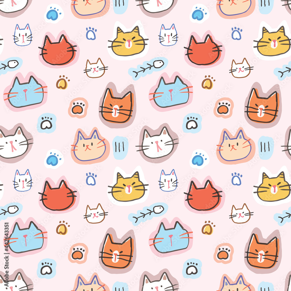 Seamless Pattern with Cartoon Cat Face and Paw Design on Light Pink Background Seamless Pattern with Cartoon Cat Face and Paw Design on Light Pink Background