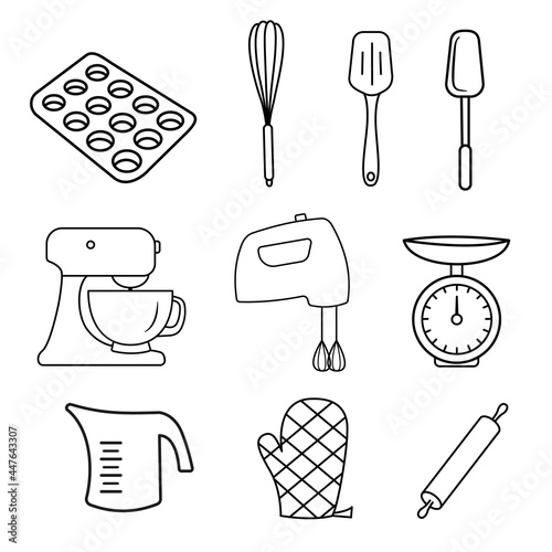 Bakery and pastries set of vector design elements on white background, kitchen tools. Vector Kitchen grip, rolling pin, mixer in outline style. Set of icons