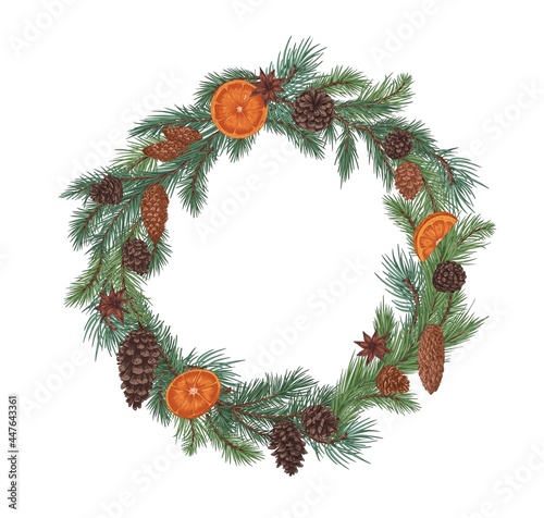 Holly Christmas wreath decorated with oranges, pine and spruce cones. Round Xmas garland from green fir branches. Holiday decoration. Drawn colored vector illustration isolated on white background