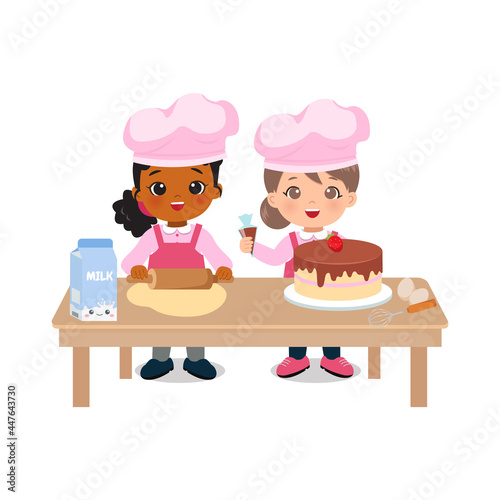 Cute girls making a cake on a table. Fun activity. Flat vector cartoon design