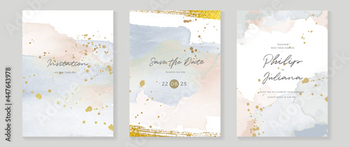 Abstract art background vector. Luxury invitation card background with golden line art and Watercolor brush texture. Vector invite design for wedding and vip cover template. © TWINS DESIGN STUDIO