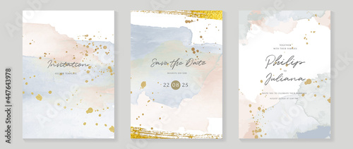 Abstract art background vector. Luxury invitation card background with golden line art and Watercolor brush texture. Vector invite design for wedding and vip cover template.