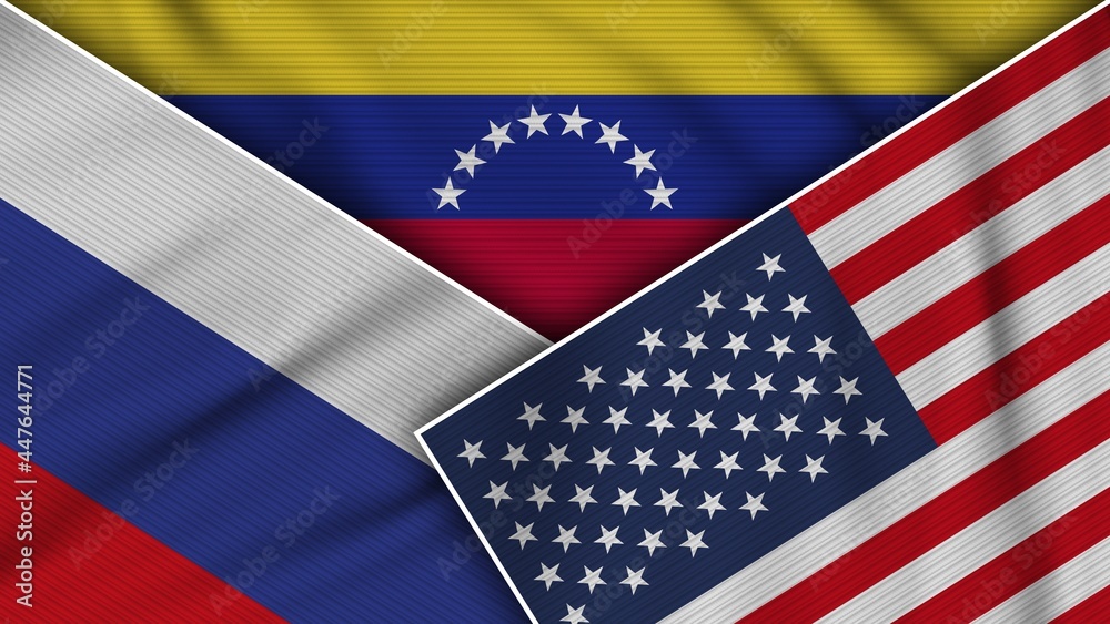 Venezuela United States of America Russia Flags Together Fabric Texture Effect Illustration Venezuela United States of America Russia Flags Together Fabric Texture Effect Illustration