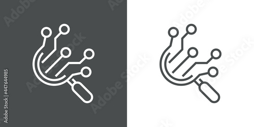 Tecnología electrónica. Icono plano circuito digital con forma de lupa con lineas en fondo gris y fondo blanco