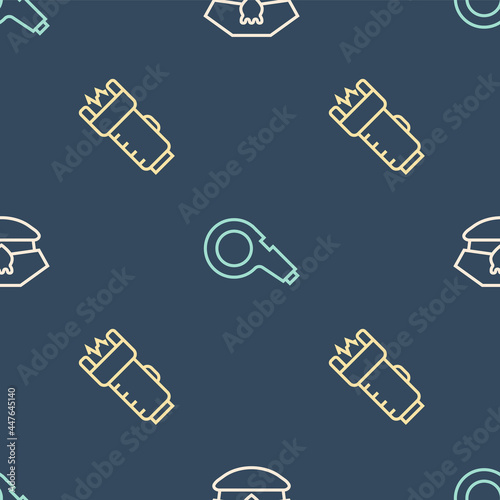 Set line Police cap with cockade, electric shocker and Whistle on seamless pattern. Vector