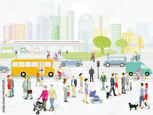 Stadtsilhouette mit Fußgänger und Straßenverkehr, Illustration photo