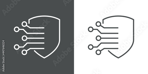 Tecnología electrónica. Logotipo con circuito digital con forma de escudo con lineas en fondo gris y fondo blanco