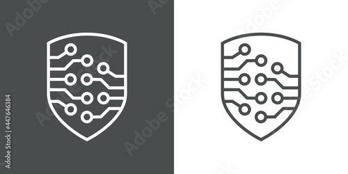 Tecnología electrónica. Logotipo con circuito digital con forma de escudo con lineas en fondo gris y fondo blanco