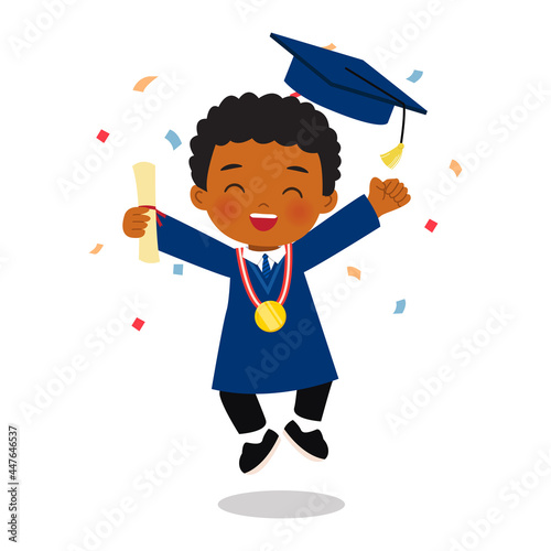 Cute African boy celebrate graduation with confetti. Flat vector cartoon design