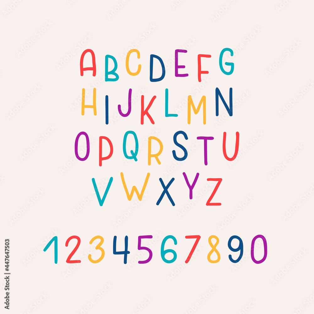 Hand drawn bright colorful alphabet  isolated on pastel background. Modern kids alphabet in doodle style. Vector illustration