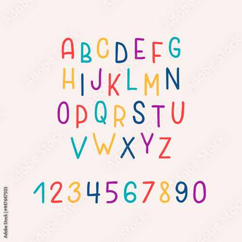 Hand drawn bright colorful alphabet  isolated on pastel background. Modern kids alphabet in doodle style. Vector illustration