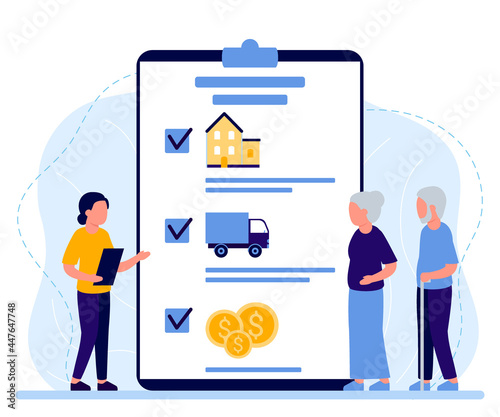 Property insurance people senior retirement, inheritance planning, appraisal estate or tax. Financial advisor and lawyer services concept. Retirement estate, testament signing. Vector illustration