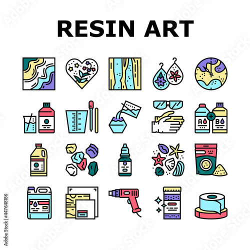 Resin Art Creation Collection Icons Set Vector. Chemical Liquid And Powder, Scotch Tape And Container, Gloves And Protective Facial Mask For Resin Art Line Pictograms. Contour Color Illustrations