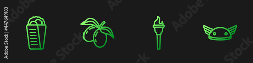 Set line Torch flame, Gyros Pita Greek, Olives branch and Helmet with wings. Gradient color icons. Vector