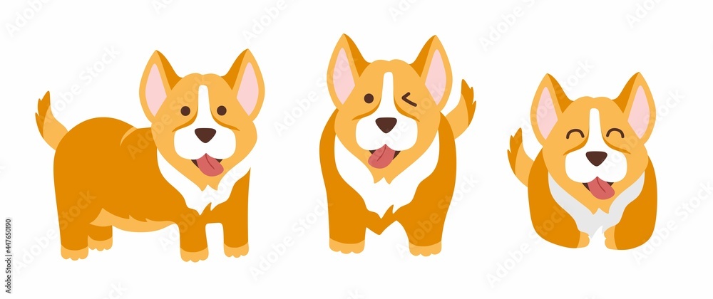 Funny corgi set of 3 dogs, vector illustration in a flat style. For use on printing souvenirs, postcards and textiles.