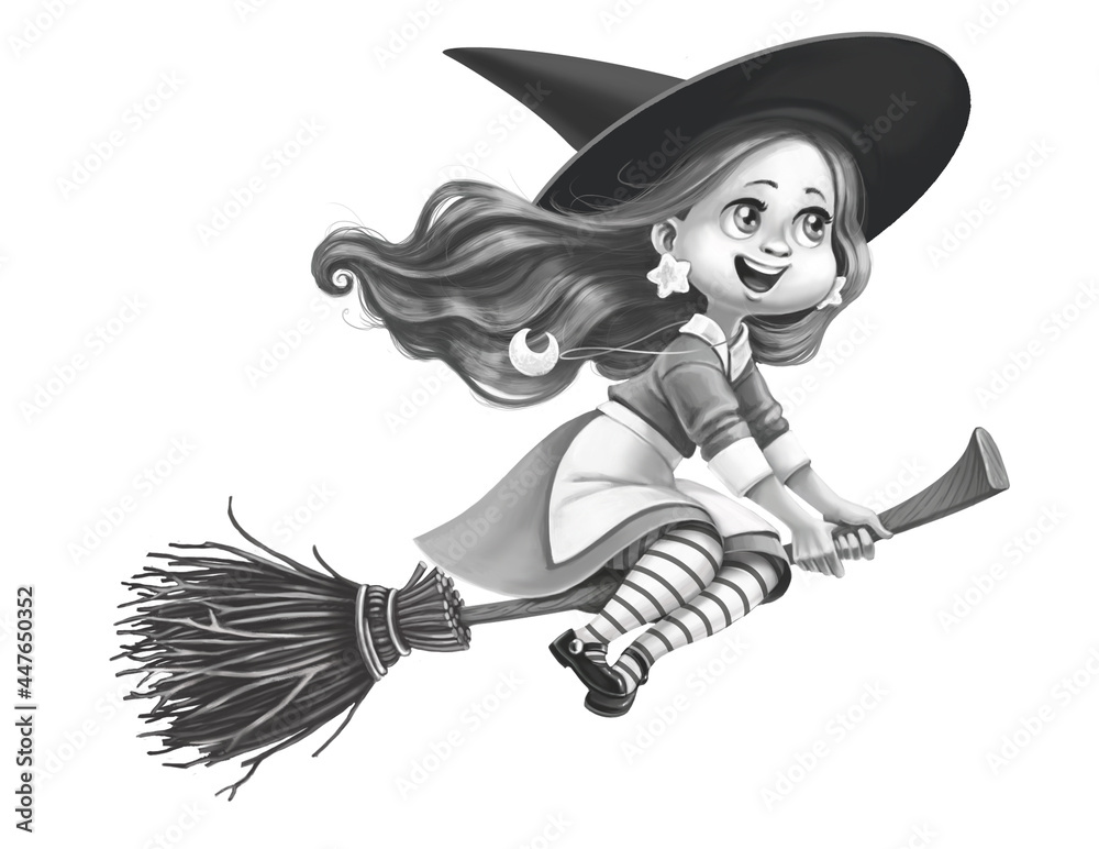 Cute little witch flying on a broomstick black and white drawing Stock ...