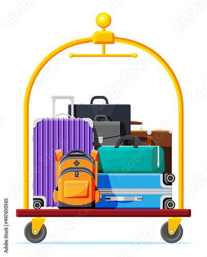 Hotel Luggage Cart with Briefcase, Backpack and Suitcase. Hotel Baggage Trolley Full of Bags Isolated. Handtruck for Transportation in Hotel or Airport. Vacation and Travel. Flat Vector Illustration