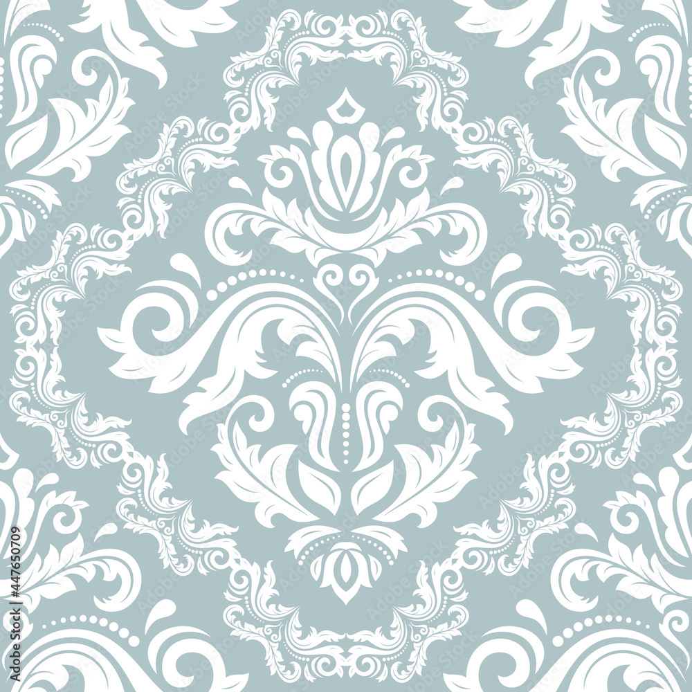 Orient vector classic pattern. Seamless abstract background with white vintage elements. Orient light blue and white background. Ornament for wallpapers and packaging