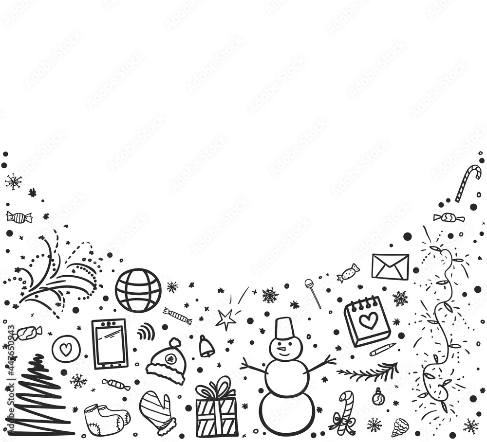 Christmas background. Freehand drawings. Hand drawn christmas symbols. Abstract xmas holiday signs and objects. Banner design. Black and white illustration