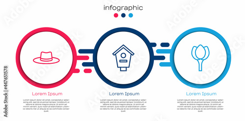Set line Gardener worker hat, Bird house and Flower tulip. Business infographic template. Vector