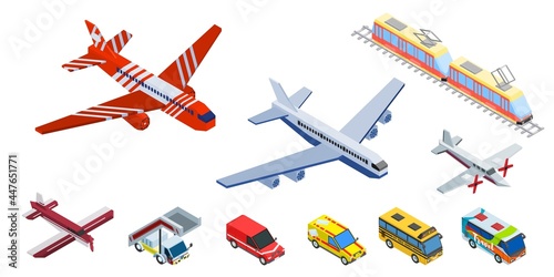 set of airplane cars and tram with bus. drawing in