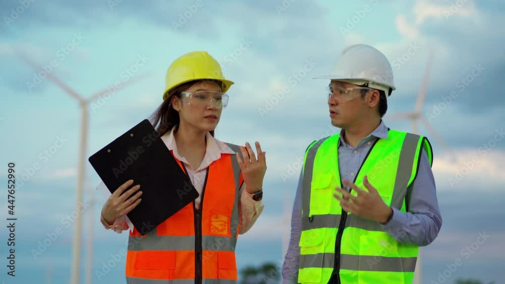 stressed engineer team talking about working problem against wind turbine farm stressed engineer team talking about working problem against wind turbine farm