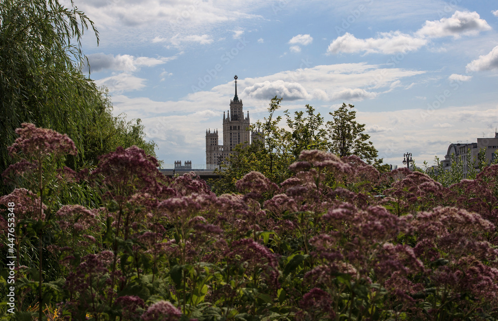Summer in Zaryadye Park. View of the Stalin high-rise. Moscow