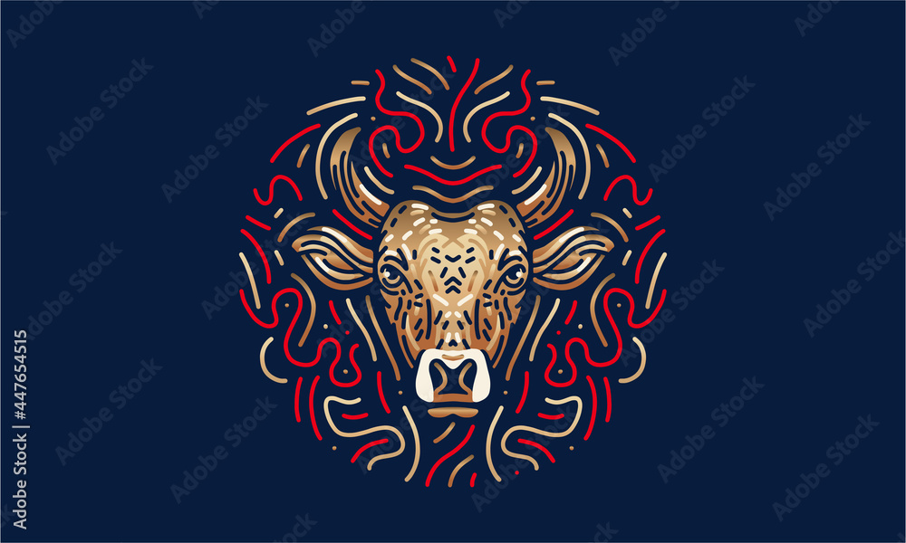 Ox chinese zodiac illustration, vector, hand drawn, isolated on dark background.