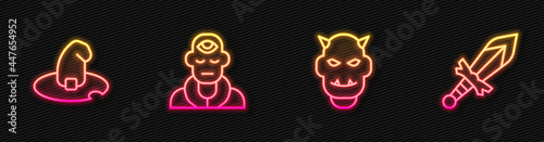 Set line Mask of the devil with horns, Witch hat, Wizard warlock and Medieval sword. Glowing neon icon. Vector