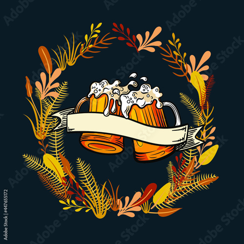 Vector Vintage Beer Poster, Colorful Illustration, Hand Drawn Retro Beer Mugs, Foam, Vintage Ribbon Banner and Plant Frame.
