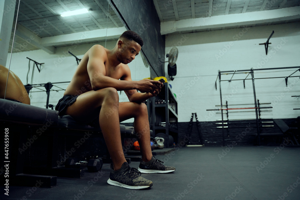 Obraz premium Young African American male looking at his phone to reply to an online message. Mixed race, male personal trainer looking at his phone while sitting down in the gym. High quality photo
