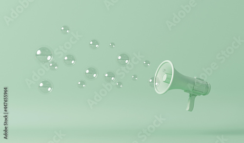 Megaphone and bubble on a pastel blue and green background. Minimal loudspeakers conceptual with copy space. 3D render
 photo