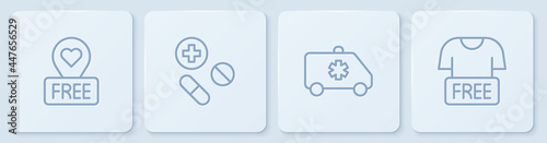 Set line Location with heart, Emergency car, Medicine pill or tablet and Clothes donation. White square button. Vector