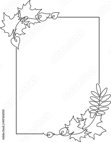 Vector line art rectangle frame. Linear silhouettes of maple, rowan, birch leaves. Elements for autumn design of card, poster, coloring book, invitation.
