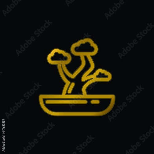 Bonsai gold plated metalic icon or logo vector