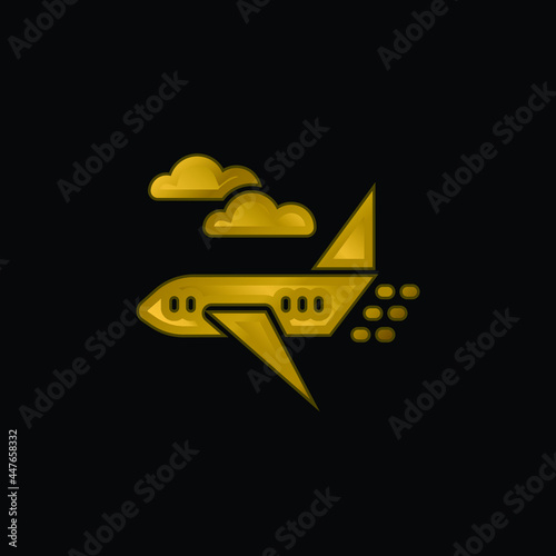 Airplane gold plated metalic icon or logo vector