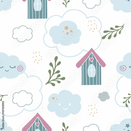Vector seamless pattern with blue houses and clouds on white background. Cartoon houses with cute sky and leaves. Perfect for fabric, textile, wallpaper, baby nasty