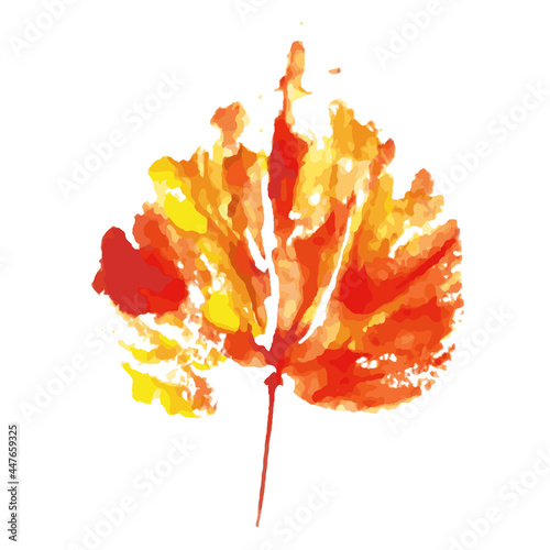 Leaf imprint. Hand-made gouache print on paper. Autumn picture for design. Isolated. Vector illustration